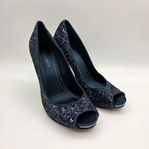 Nine West Navy Blue‎ Glitter Peep Toe Platform Pumps Stiletto Heels Size 7M